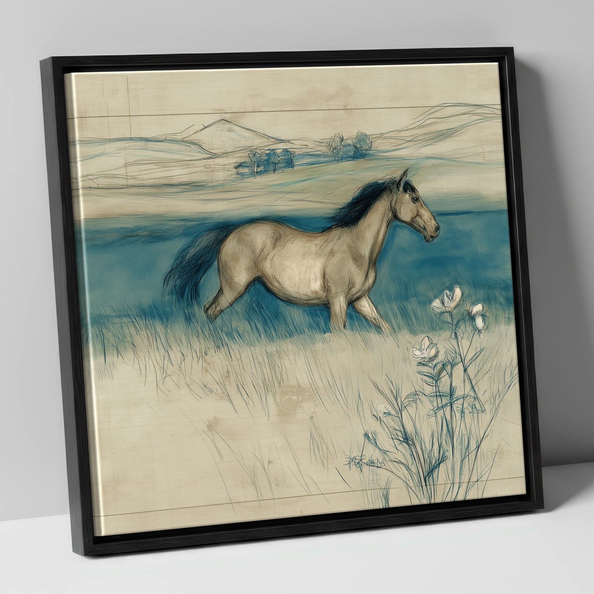 Teal Horizon Canter horse landscape canvas wall art in black frame