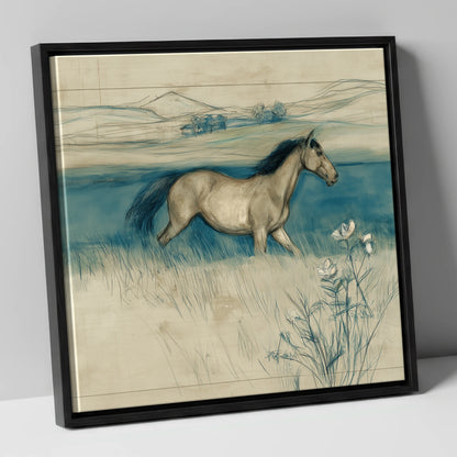Teal Horizon Canter horse landscape canvas wall art in black frame