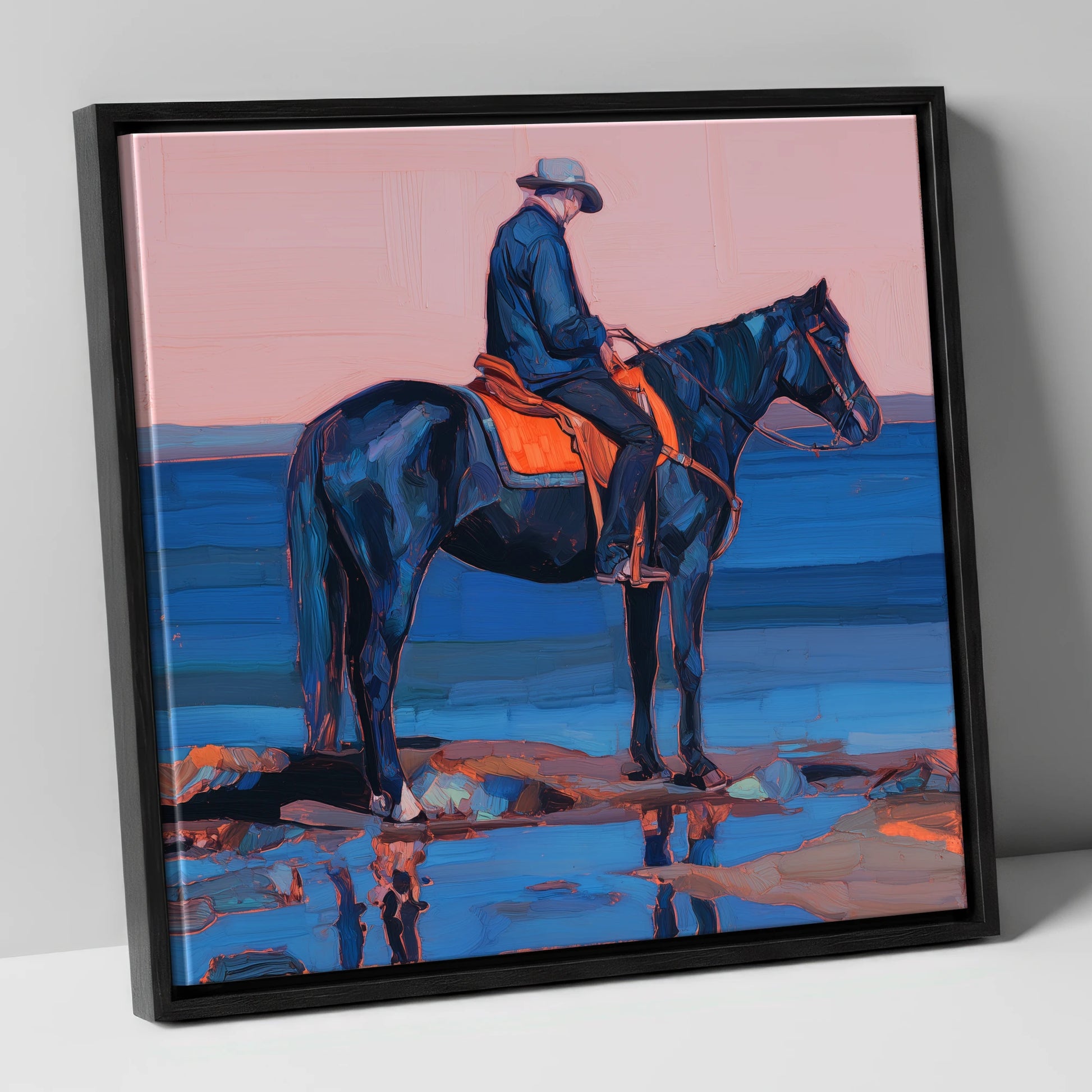 Indigo Shoreline Rider beach horse canvas wall art in black frame