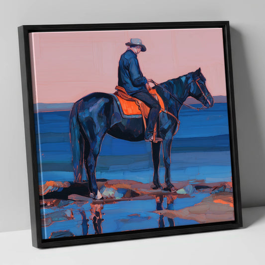 Indigo Shoreline Rider beach horse canvas wall art in black frame