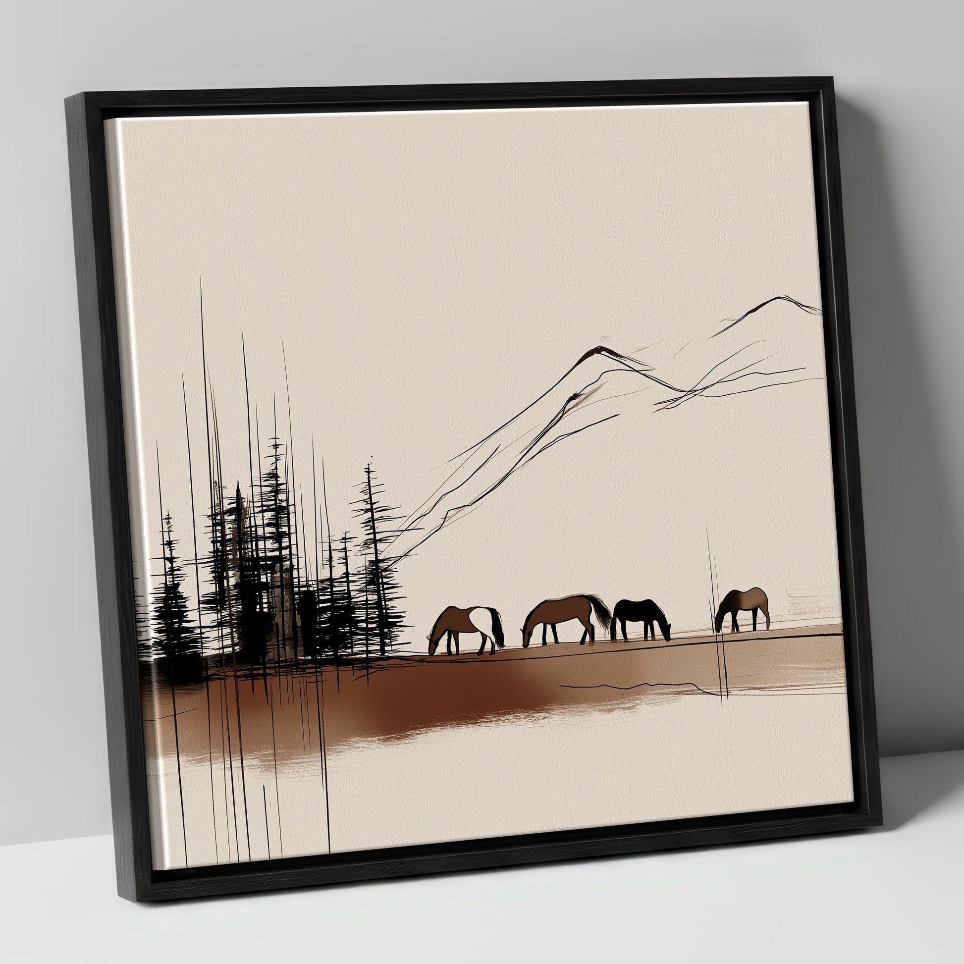 Grazing Beneath the Pines horse landscape canvas wall art in black frame
