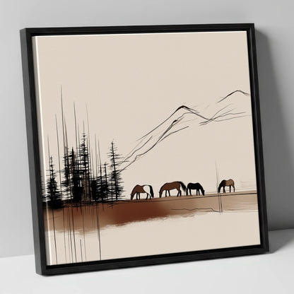Grazing Beneath the Pines horse landscape canvas wall art in black frame