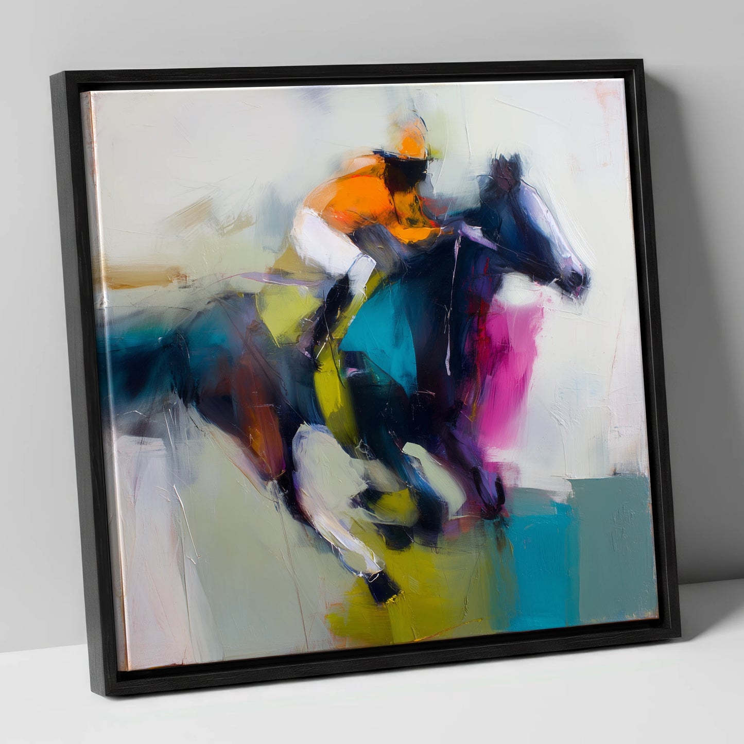 Burst of Speed racing horse canvas wall art in black frame