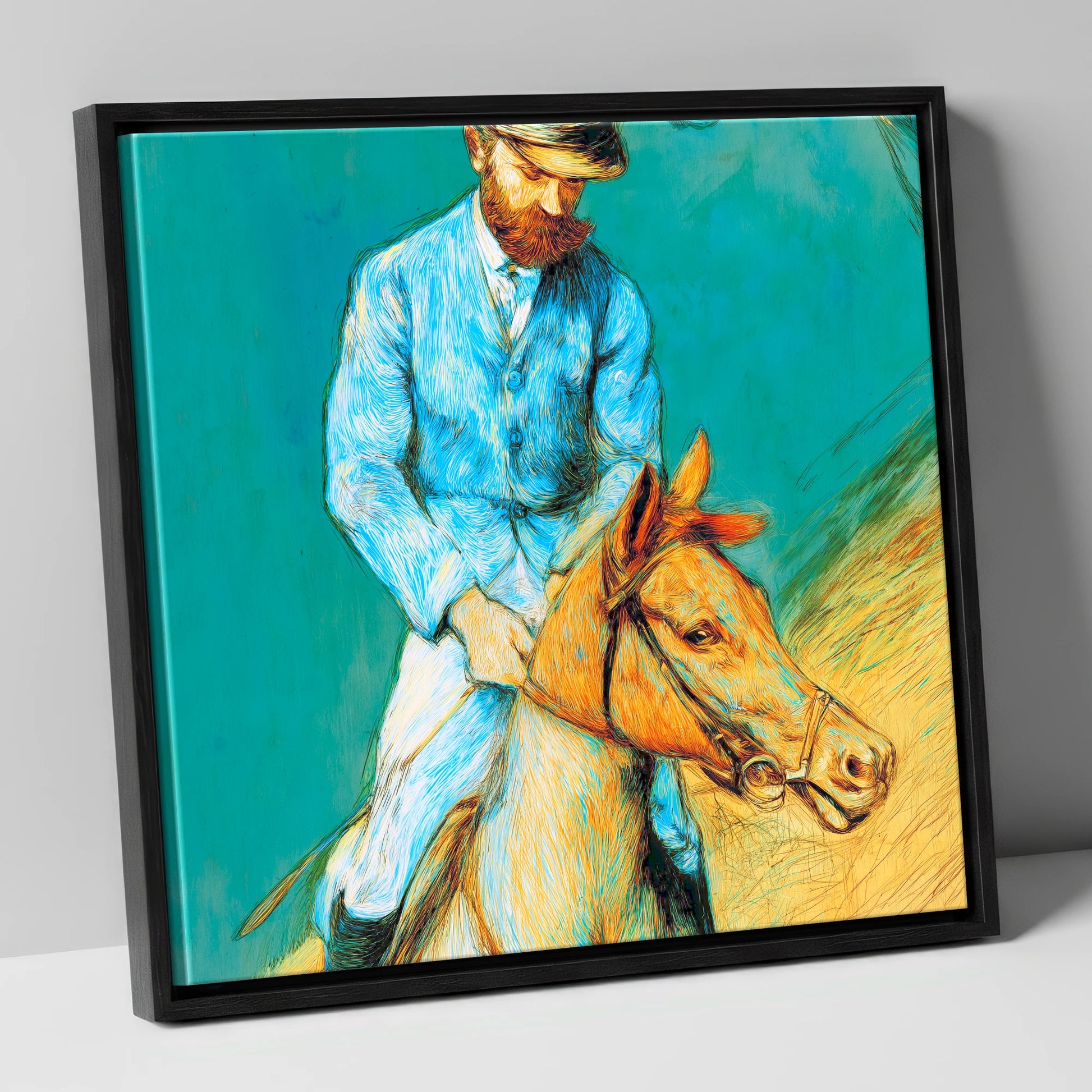 The Cerulean Rider racing horse canvas wall art in black frame