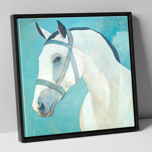Serene Focus in Teal horse portrait canvas wall art in black frame