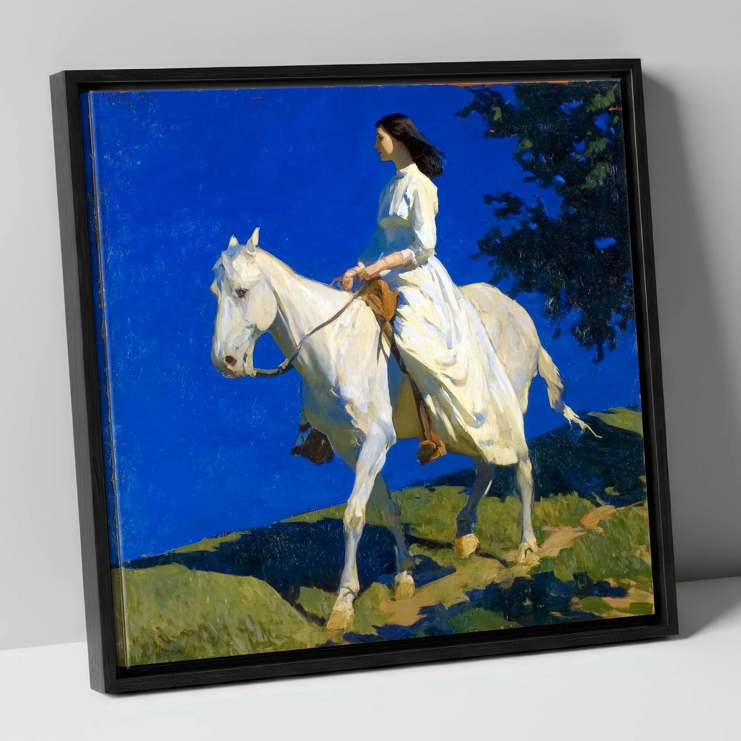 Grace Beneath Azure Skies horse & rider canvas wall art in black frame