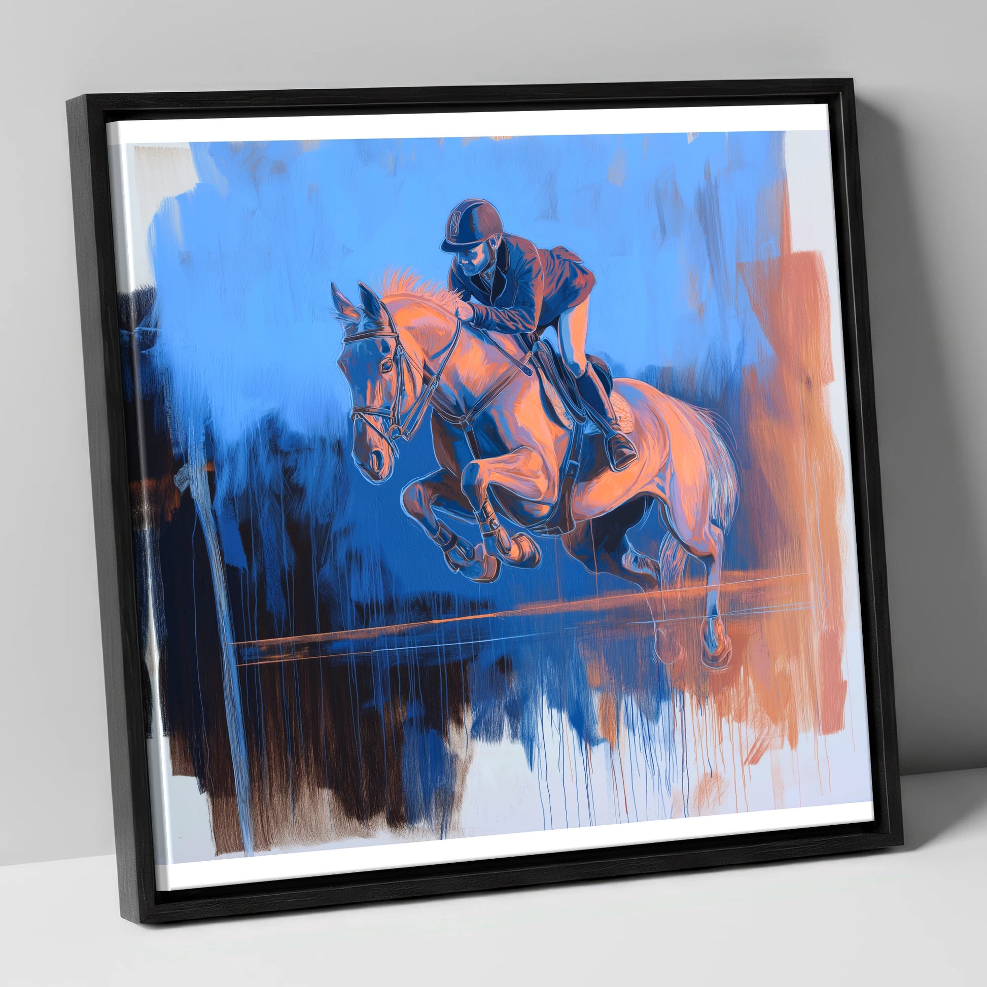 Suspended Over Cobalt show jumping horse canvas wall art in black frame
