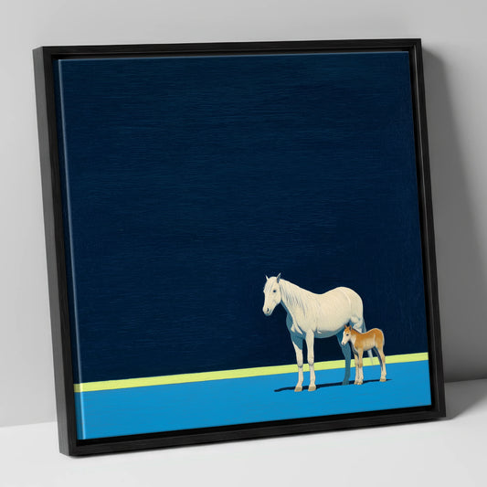 Midnight Horizon Mare And Foal mare & foal canvas wall art in black frame