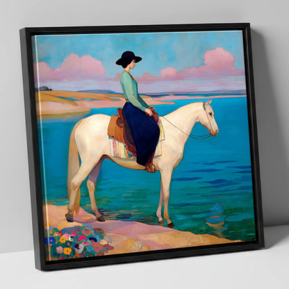 Coastal Reverie beach horse canvas wall art in black frame