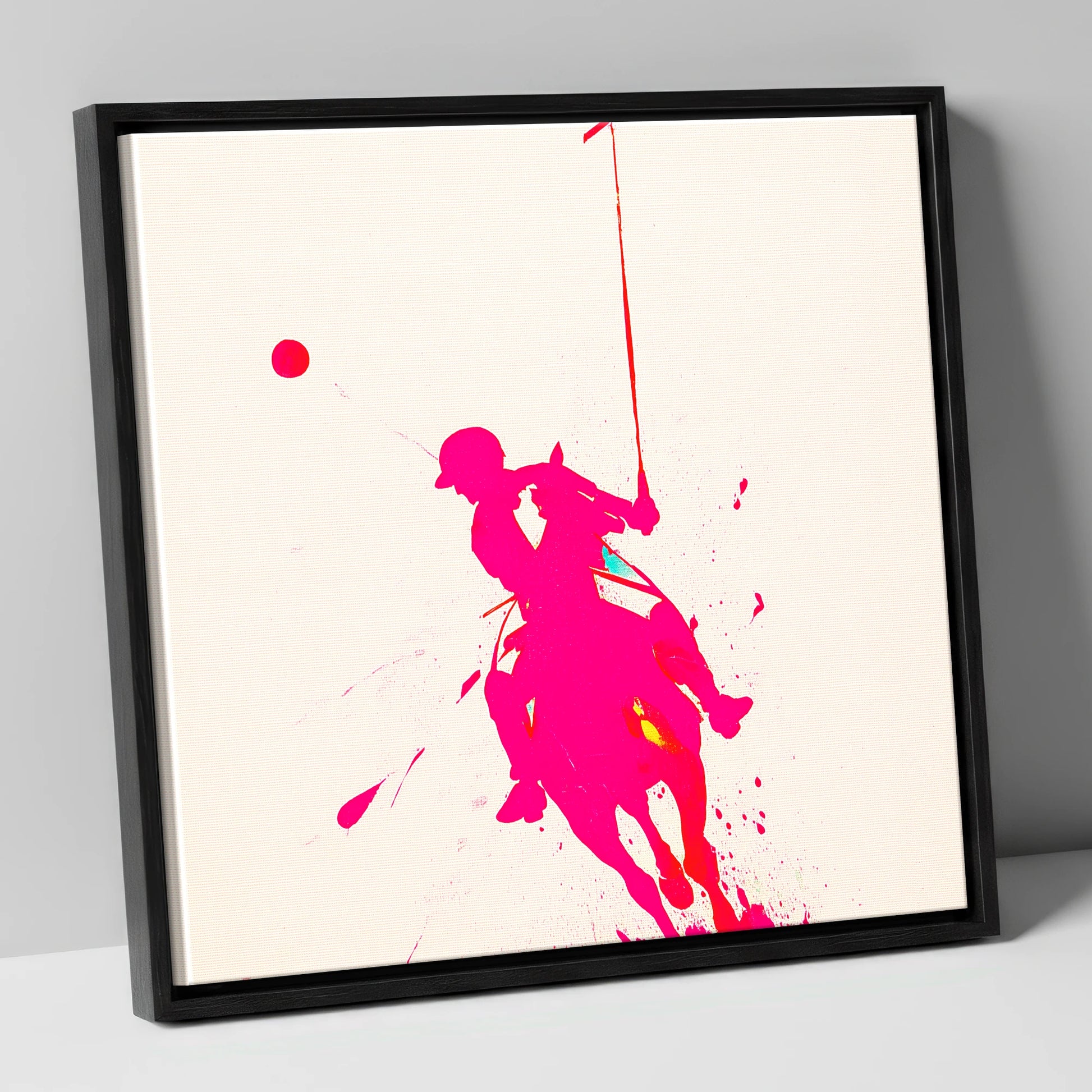Vivid Polo Strike polo horse canvas wall art in black frame