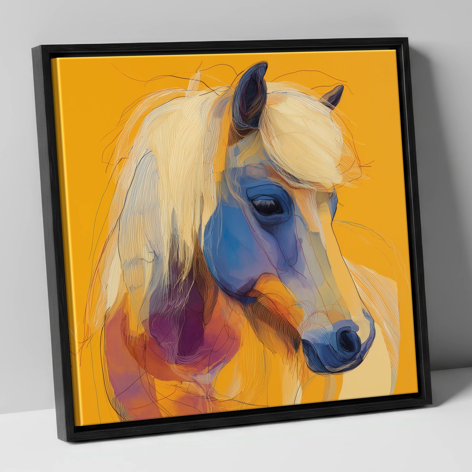 Cobalt and Gold Contour horse breed canvas wall art in black frame