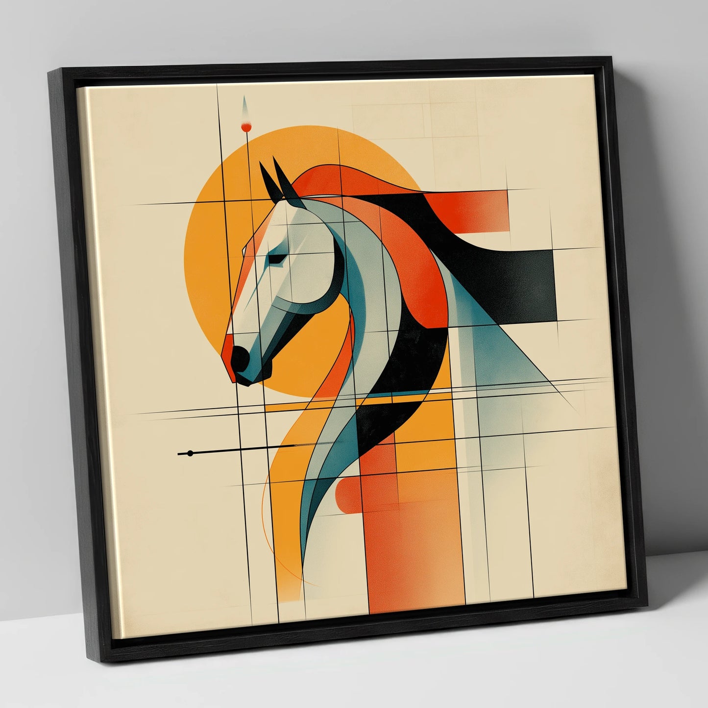 Structured Equine Harmony horse portrait canvas wall art in black frame