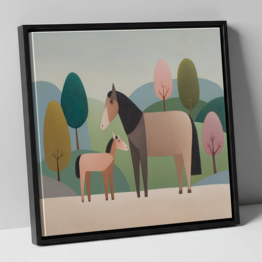 Pastoral Harmony mare & foal canvas wall art in black frame