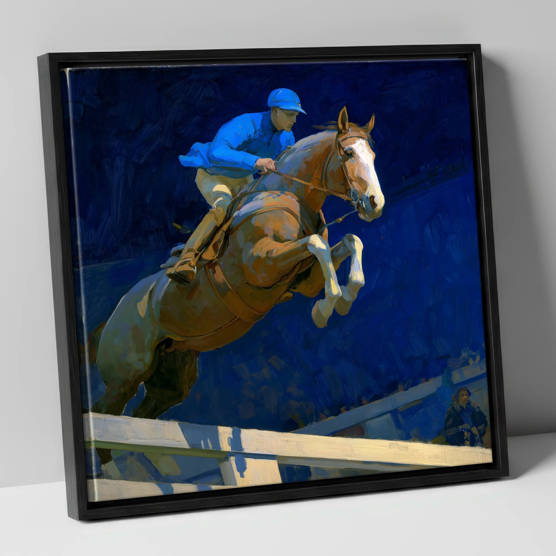 Bold Cobalt Clearance show jumping horse canvas wall art in black frame