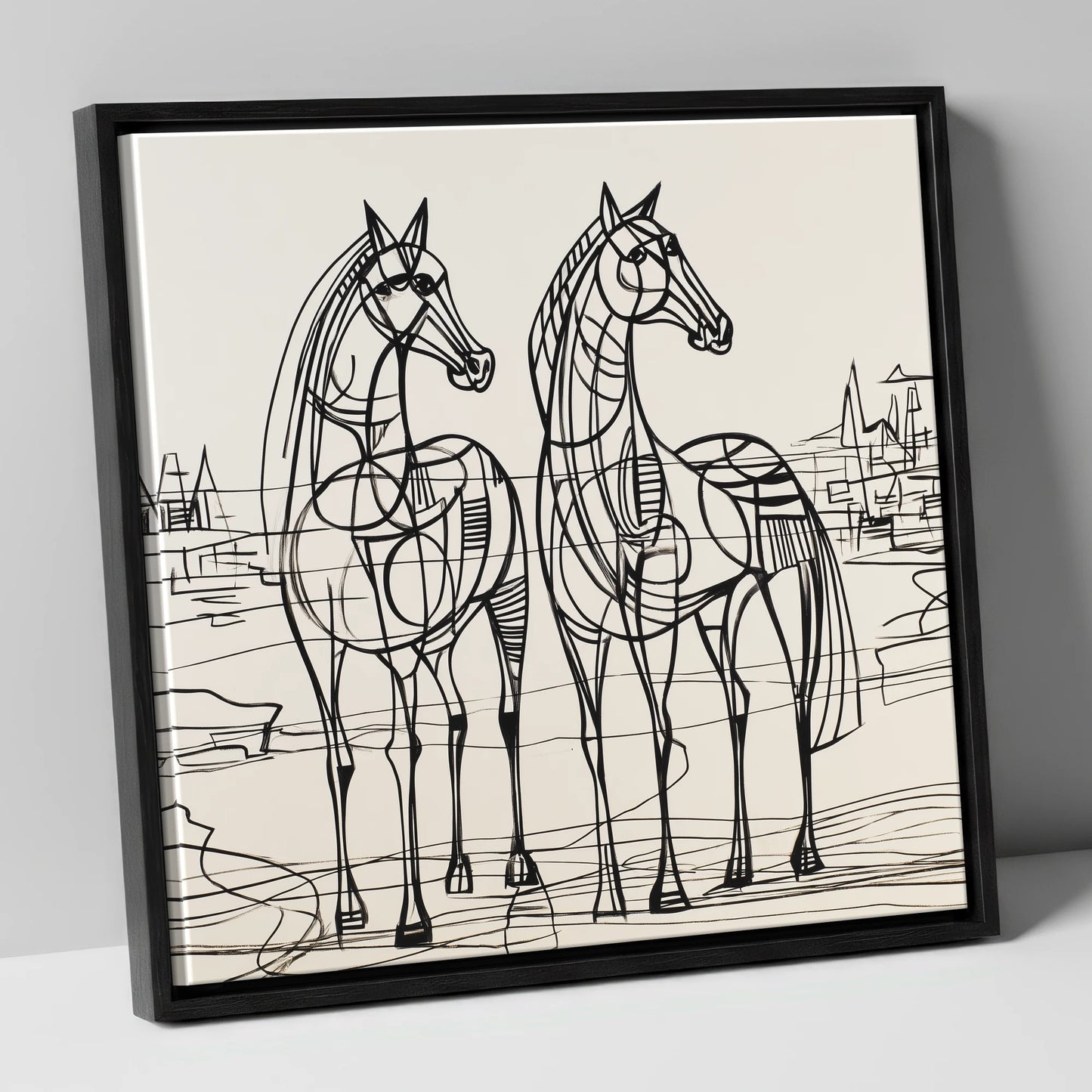 Architectural Equine Duo horse landscape canvas wall art in black frame