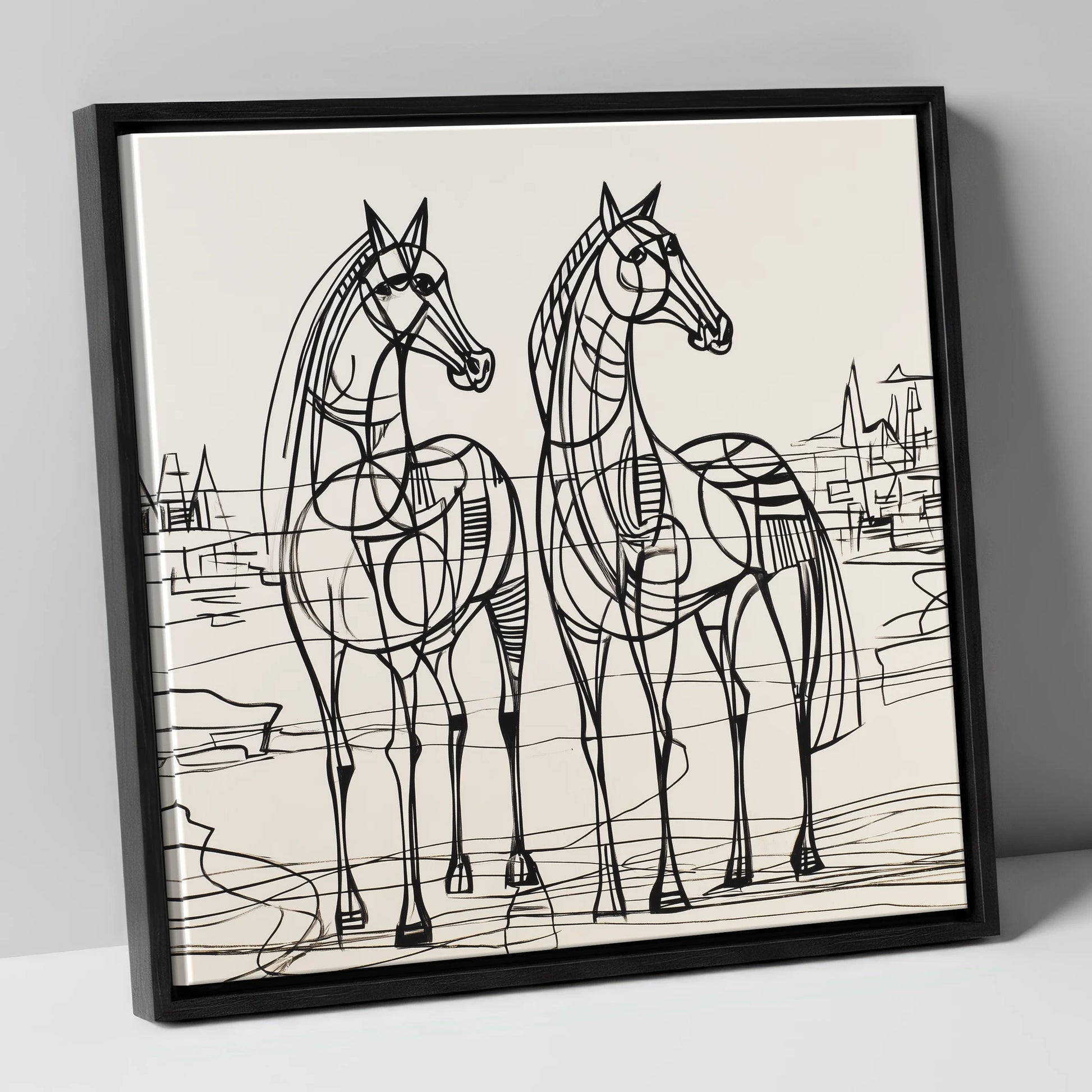 Architectural Equine Duo horse landscape canvas wall art in black frame