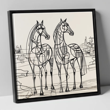 Architectural Equine Duo horse landscape canvas wall art in black frame