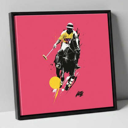 Magenta Chukka polo horse canvas wall art in black frame
