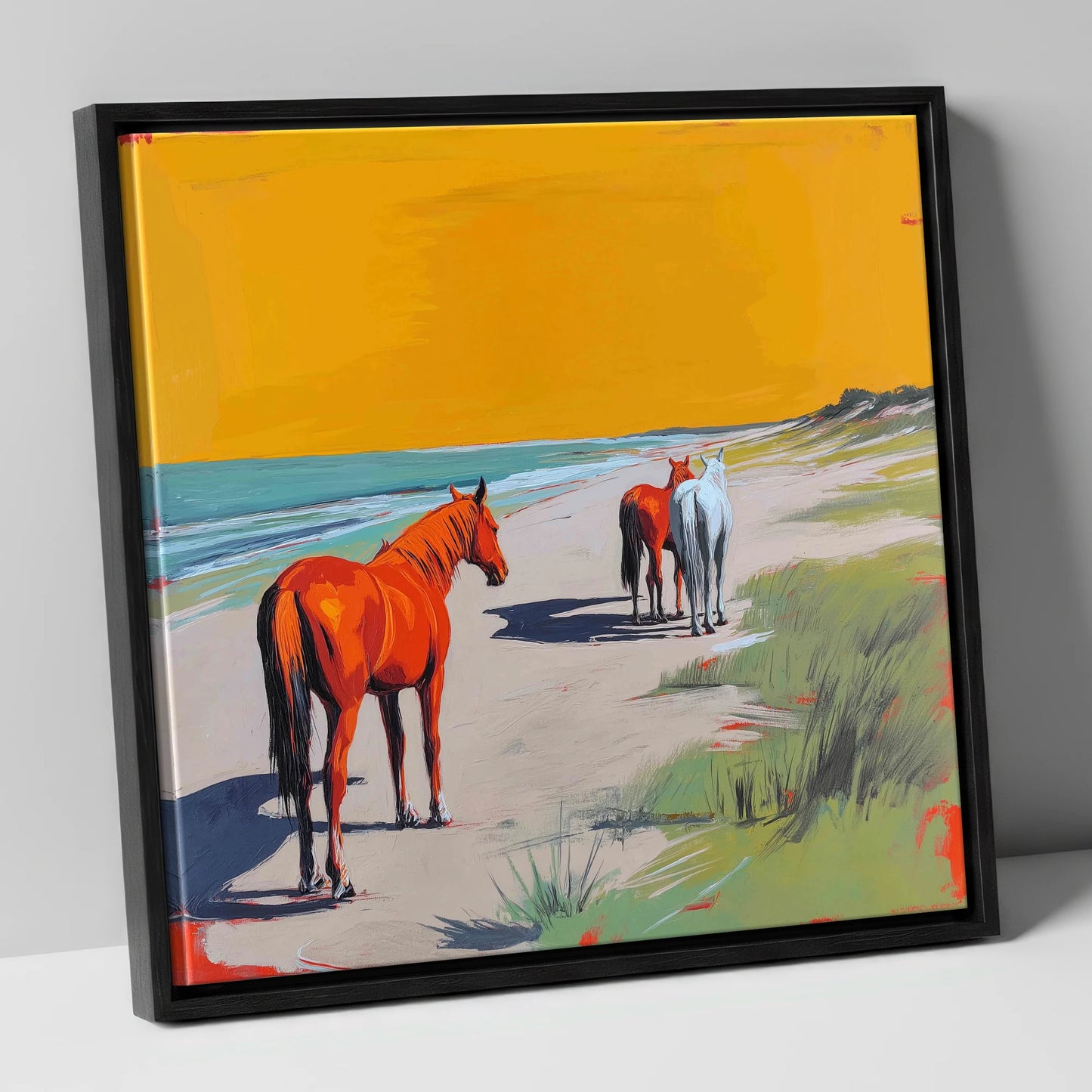 Golden Sands Companions horse landscape canvas wall art in black frame