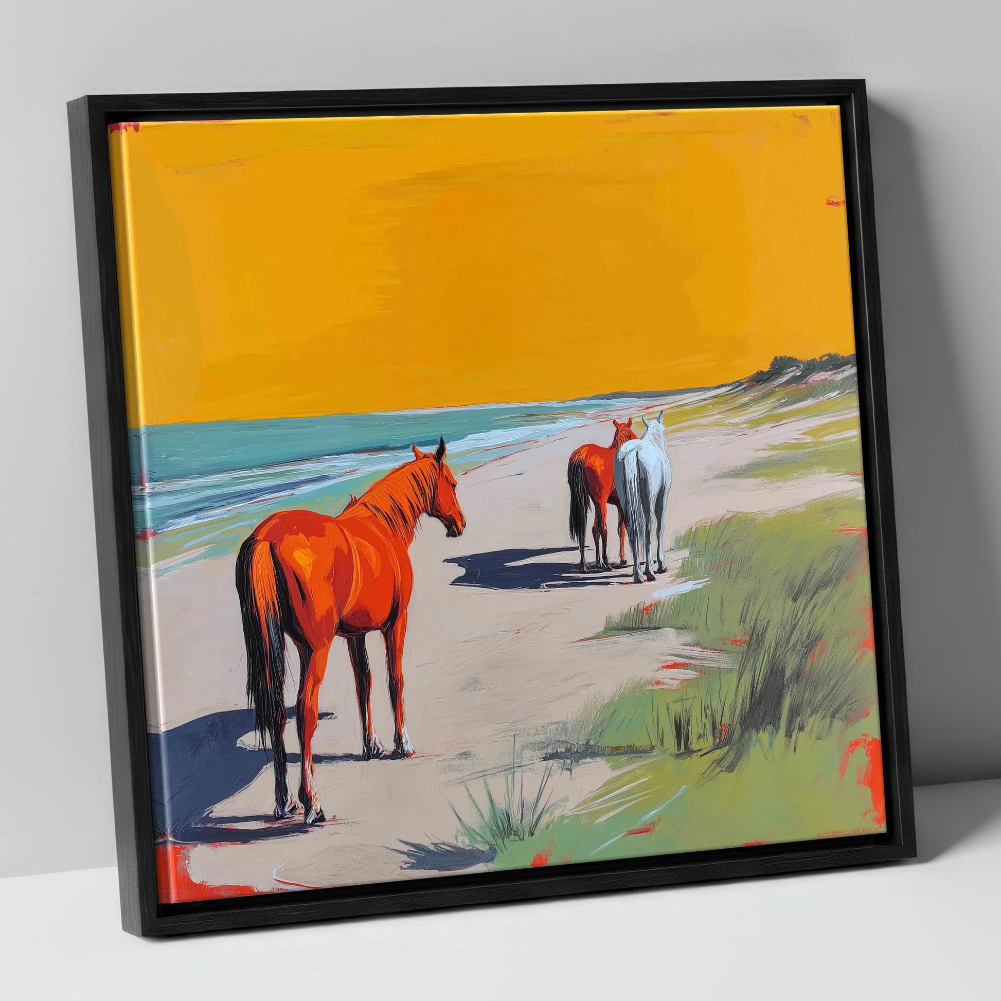 Golden Sands Companions horse landscape canvas wall art in black frame