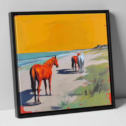 Golden Sands Companions horse landscape canvas wall art in black frame