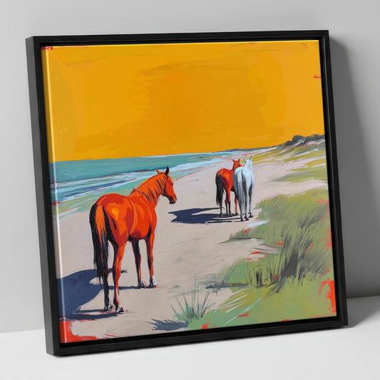 Golden Sands Companions horse landscape canvas wall art in black frame