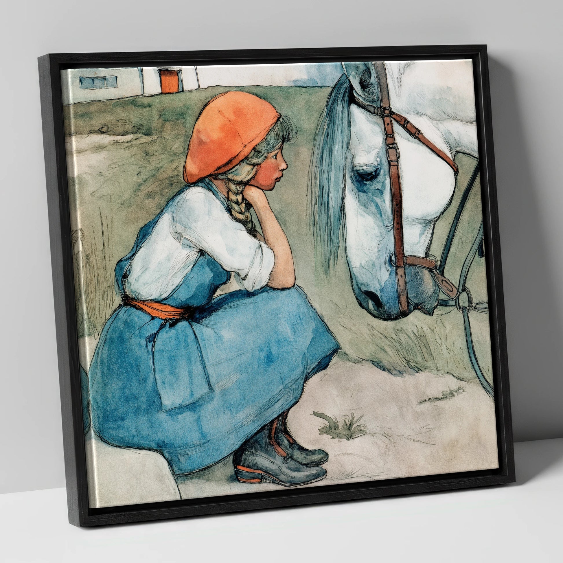 Quiet Moments Together horse & rider canvas wall art in black frame