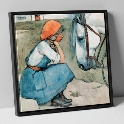 Quiet Moments Together horse & rider canvas wall art in black frame