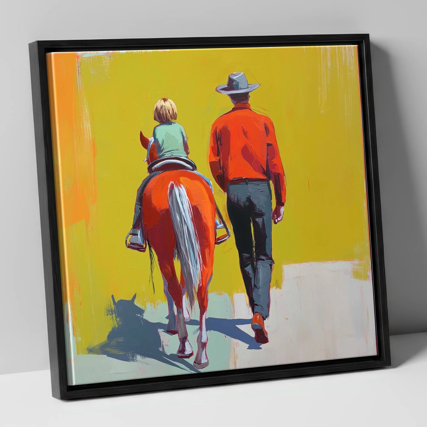 Leading the First Ride horse & rider canvas wall art in black frame