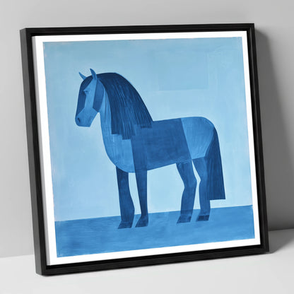 Geometric Blue Heavy Horse horse breed canvas wall art in black frame