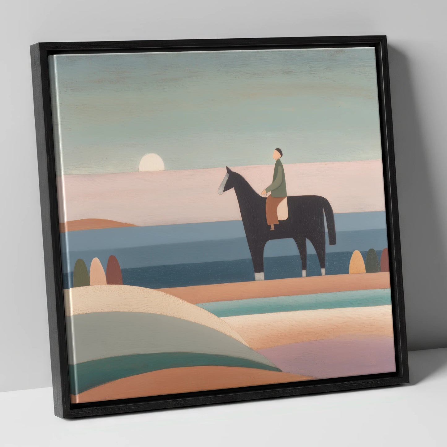 Tranquil Beach Hack beach horse canvas wall art in black frame