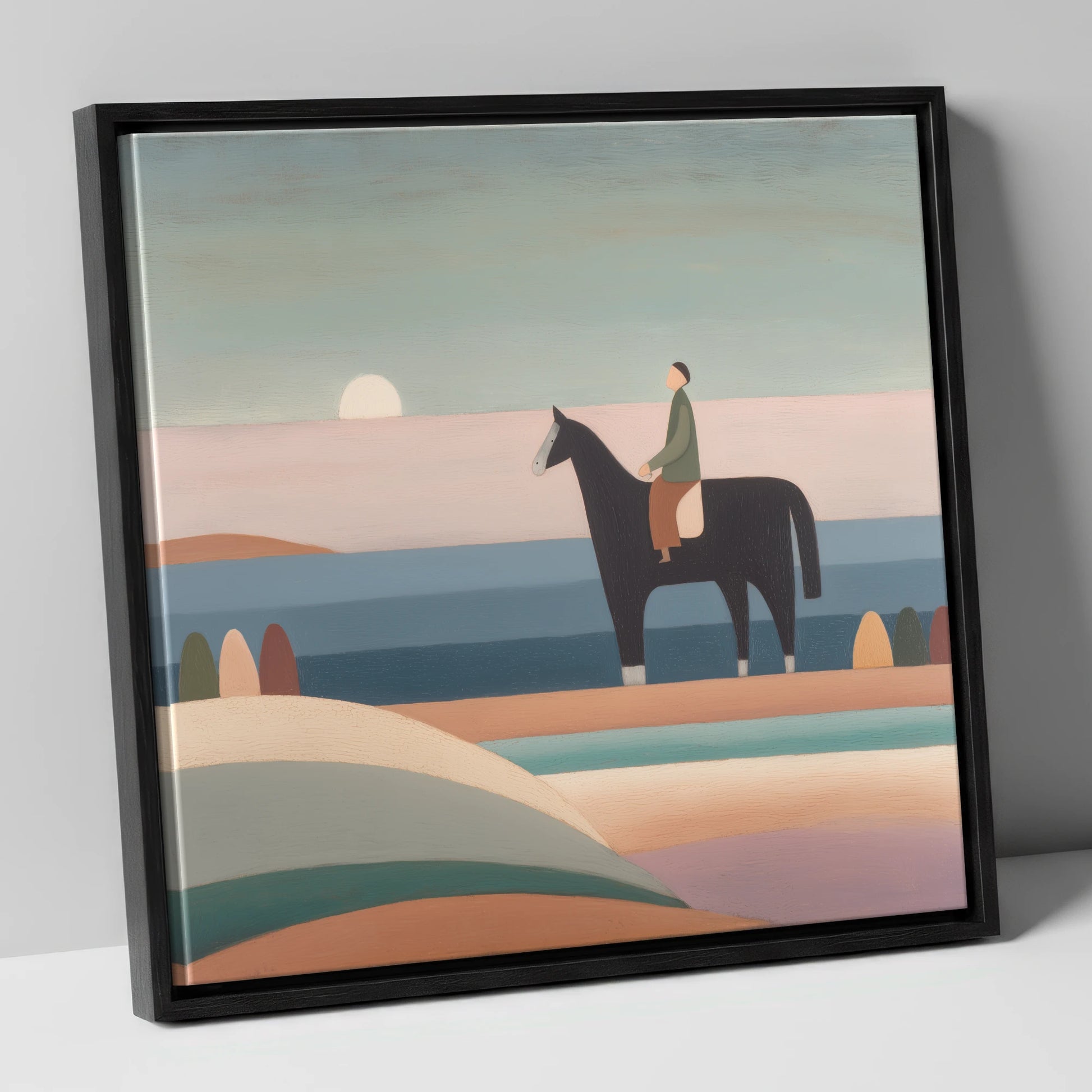 Tranquil Beach Hack beach horse canvas wall art in black frame