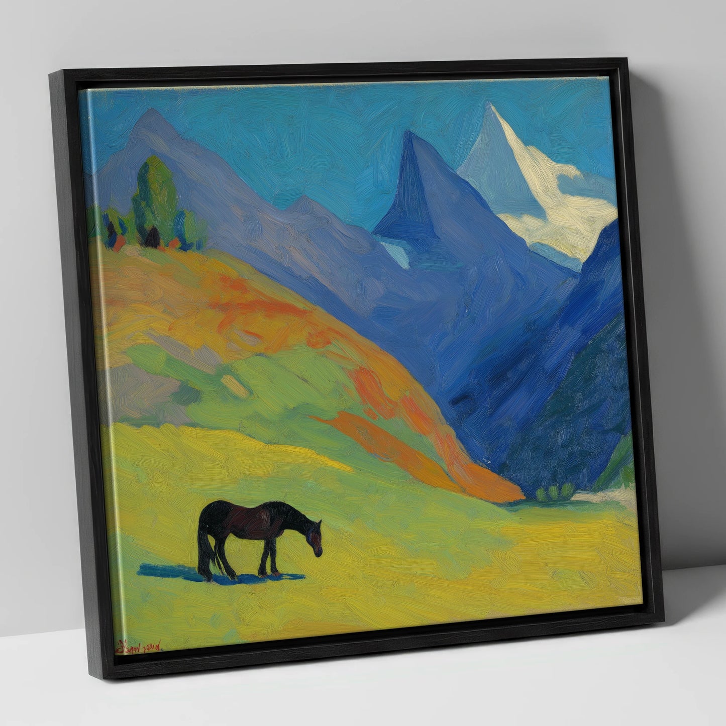 Vibrant Alpine Grazing horse landscape canvas wall art in black frame