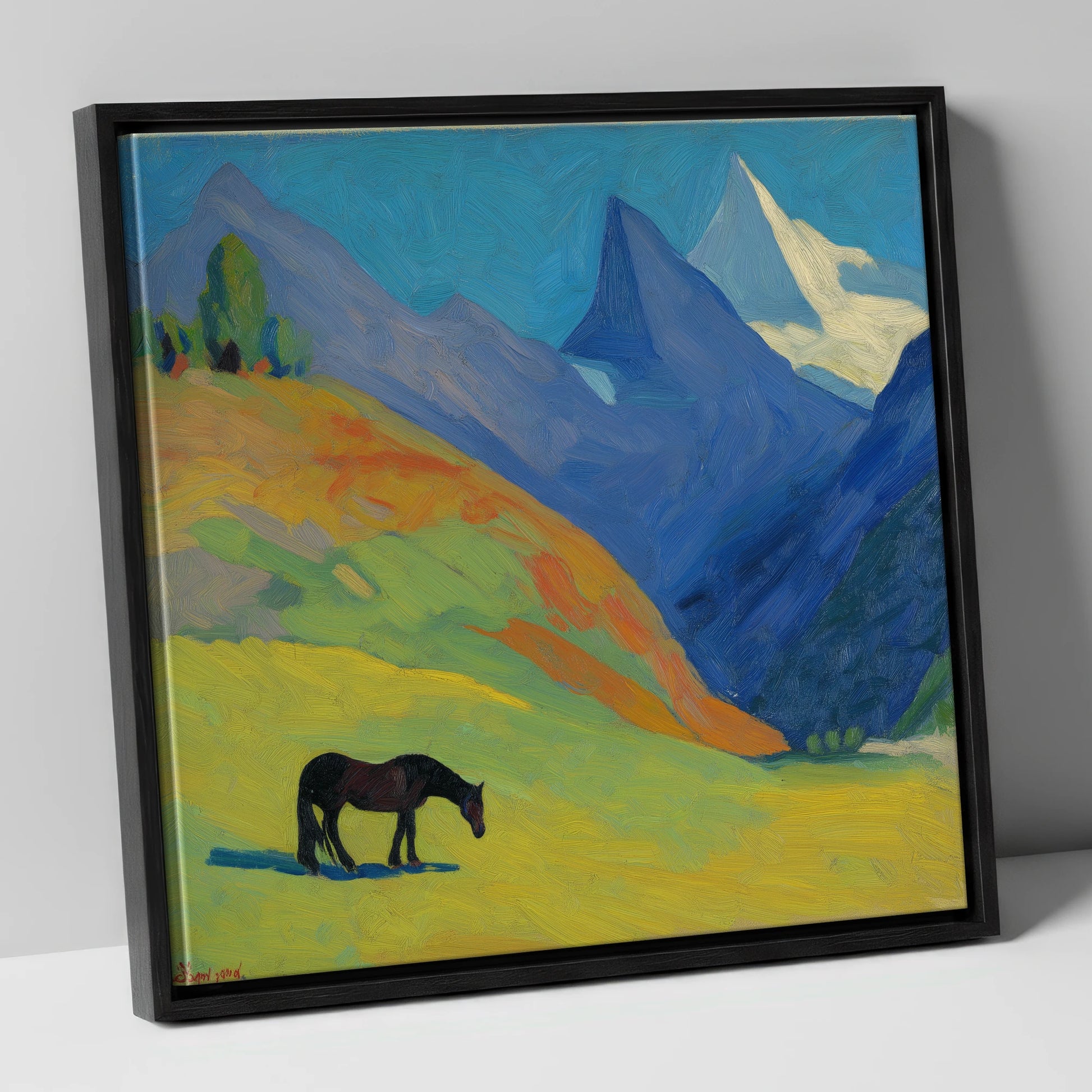 Vibrant Alpine Grazing horse landscape canvas wall art in black frame