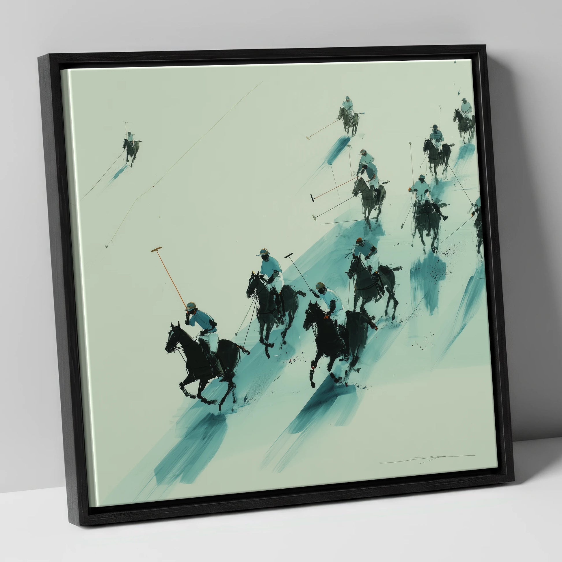The Downfield Charge polo horse canvas wall art in black frame