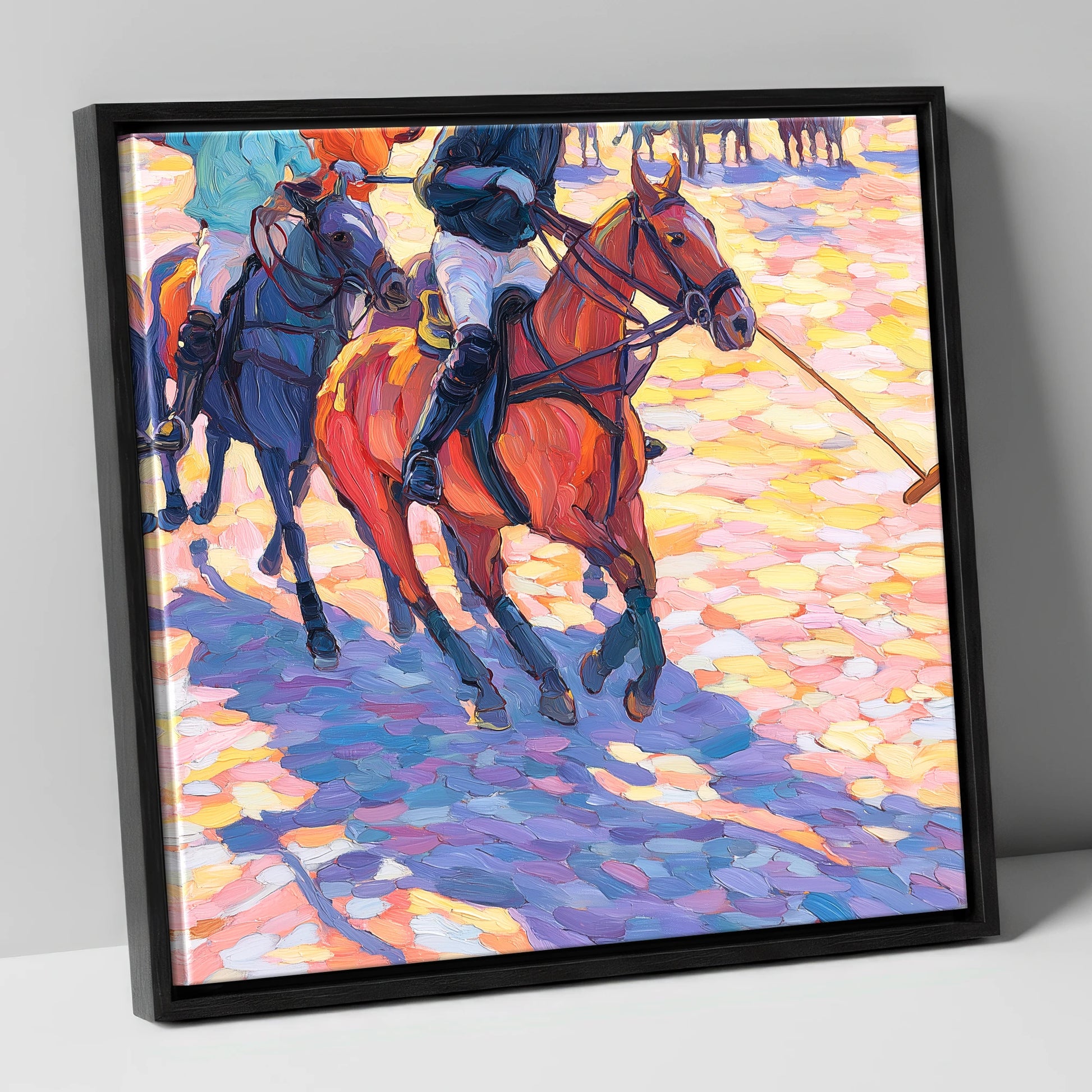 Sunset Chukka Shadows polo horse canvas wall art in black frame