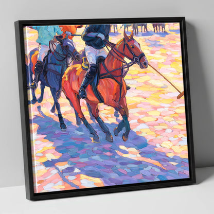 Sunset Chukka Shadows polo horse canvas wall art in black frame