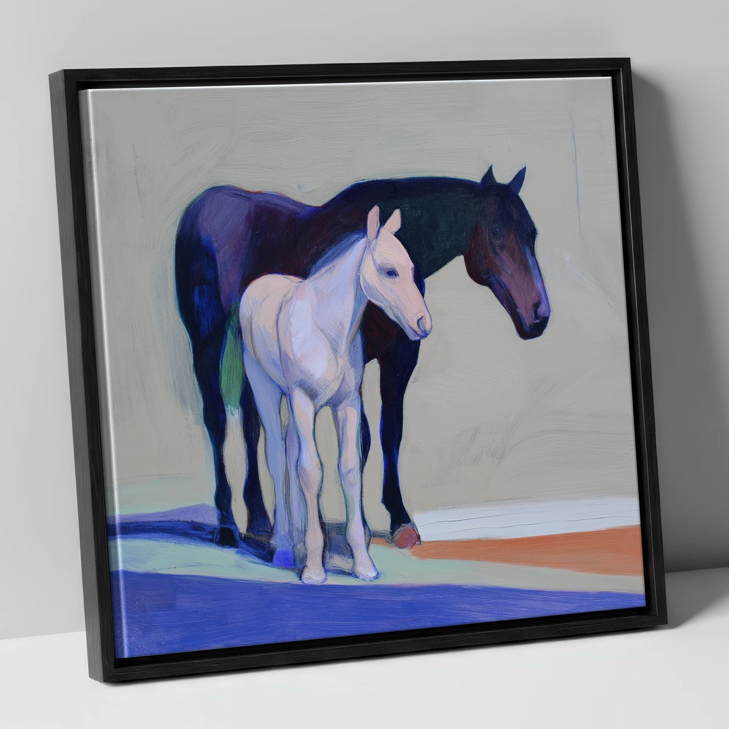 Indigo and Dawn mare & foal canvas wall art in black frame