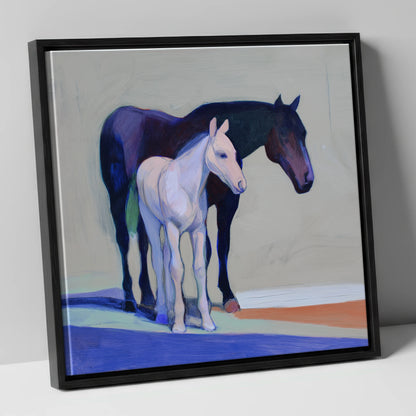 Indigo and Dawn mare & foal canvas wall art in black frame