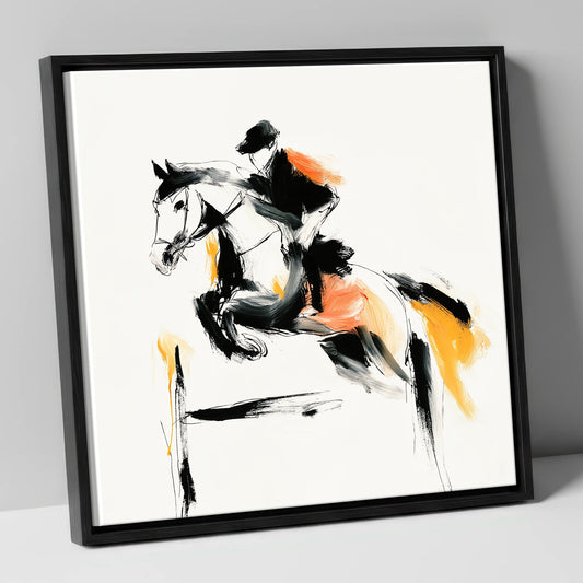 The Amber Leap show jumping horse canvas wall art in black frame