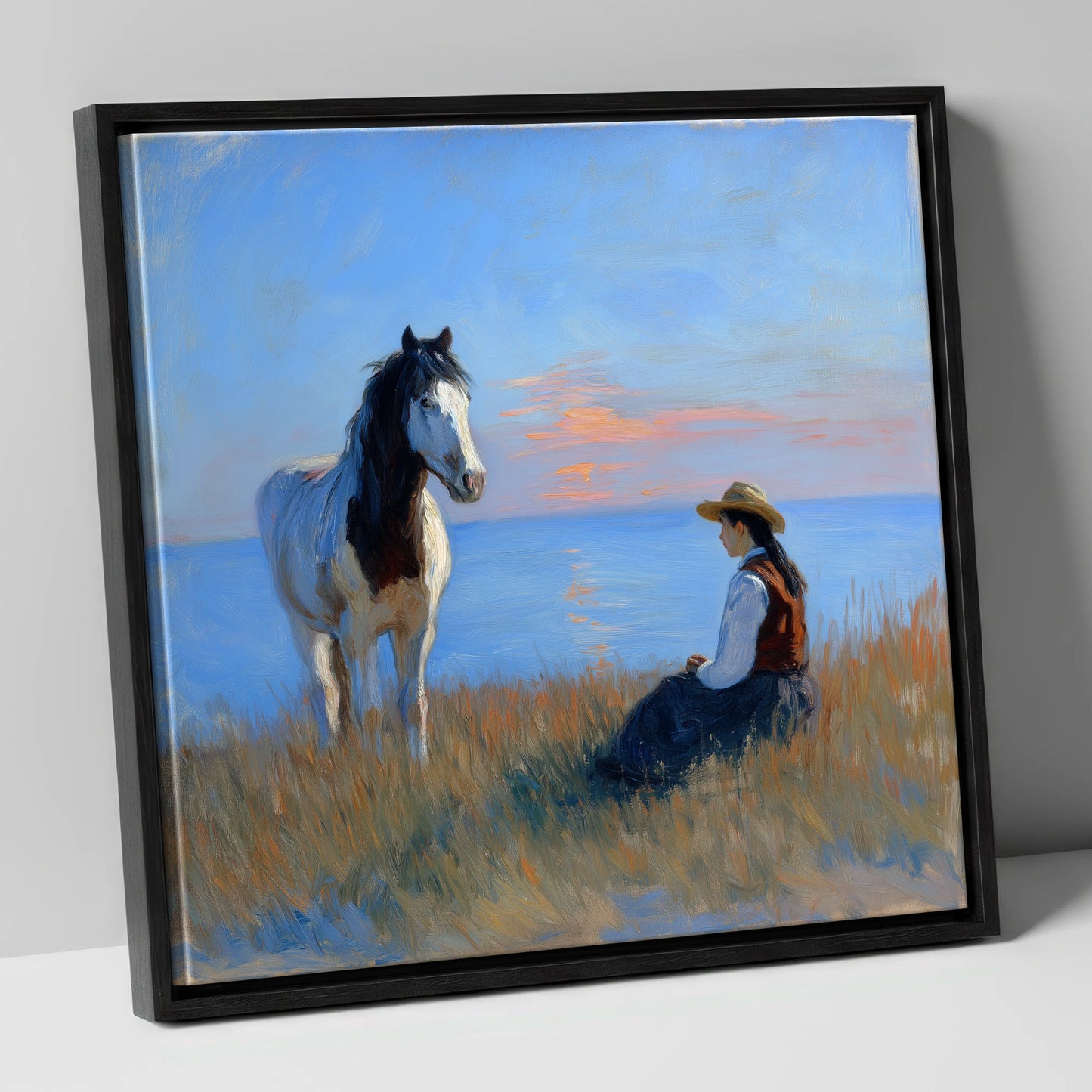 The Coastal Companion horse & rider canvas wall art in black frame