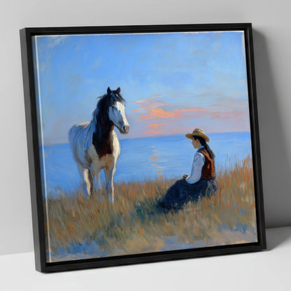 The Coastal Companion horse & rider canvas wall art in black frame