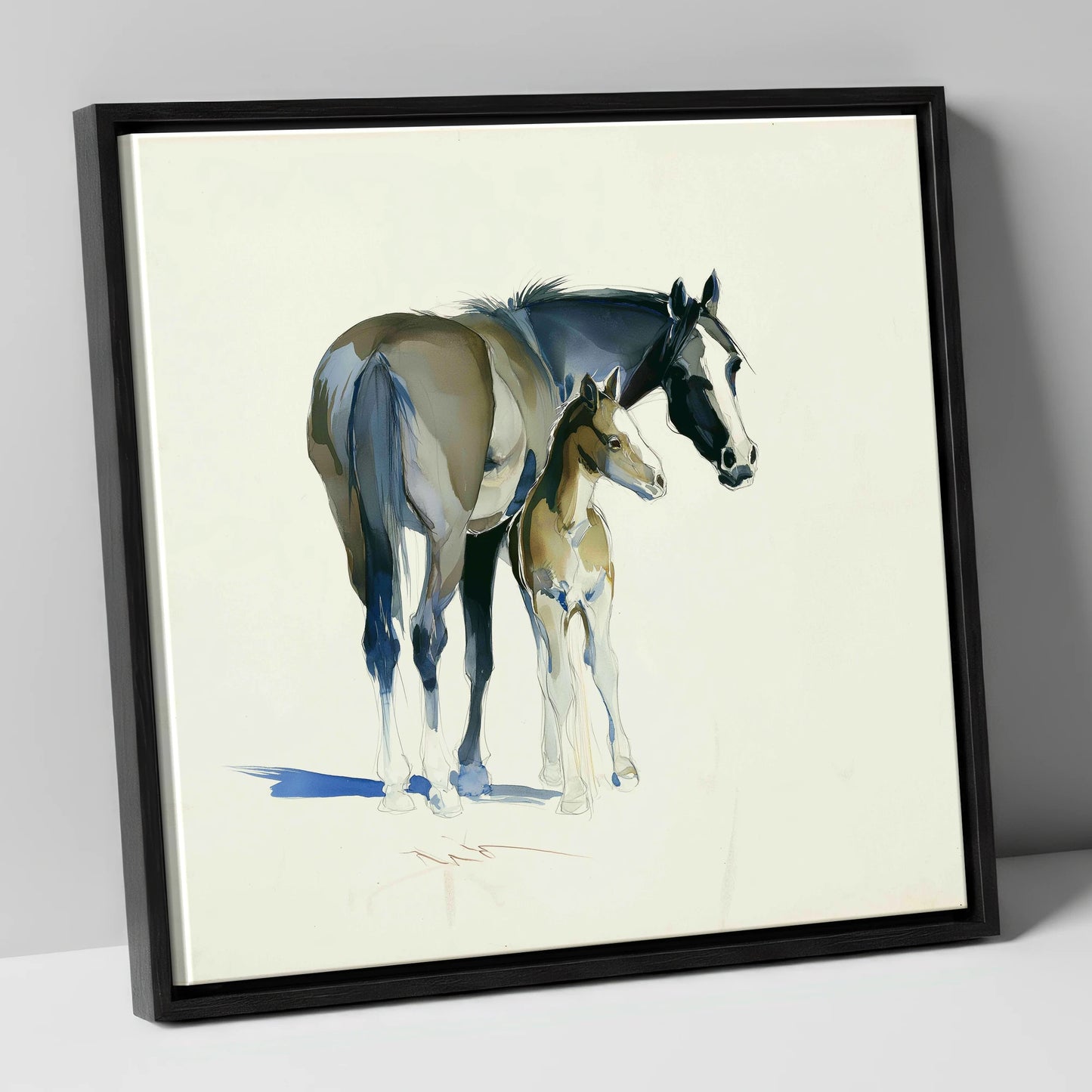 Gentle Guidance mare & foal canvas wall art in black frame