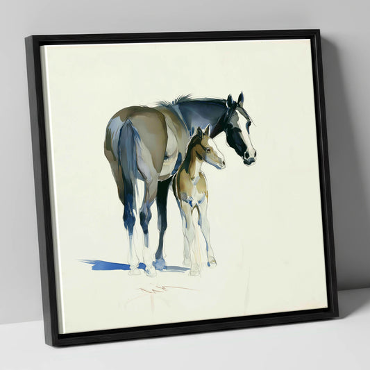 Gentle Guidance mare & foal canvas wall art in black frame