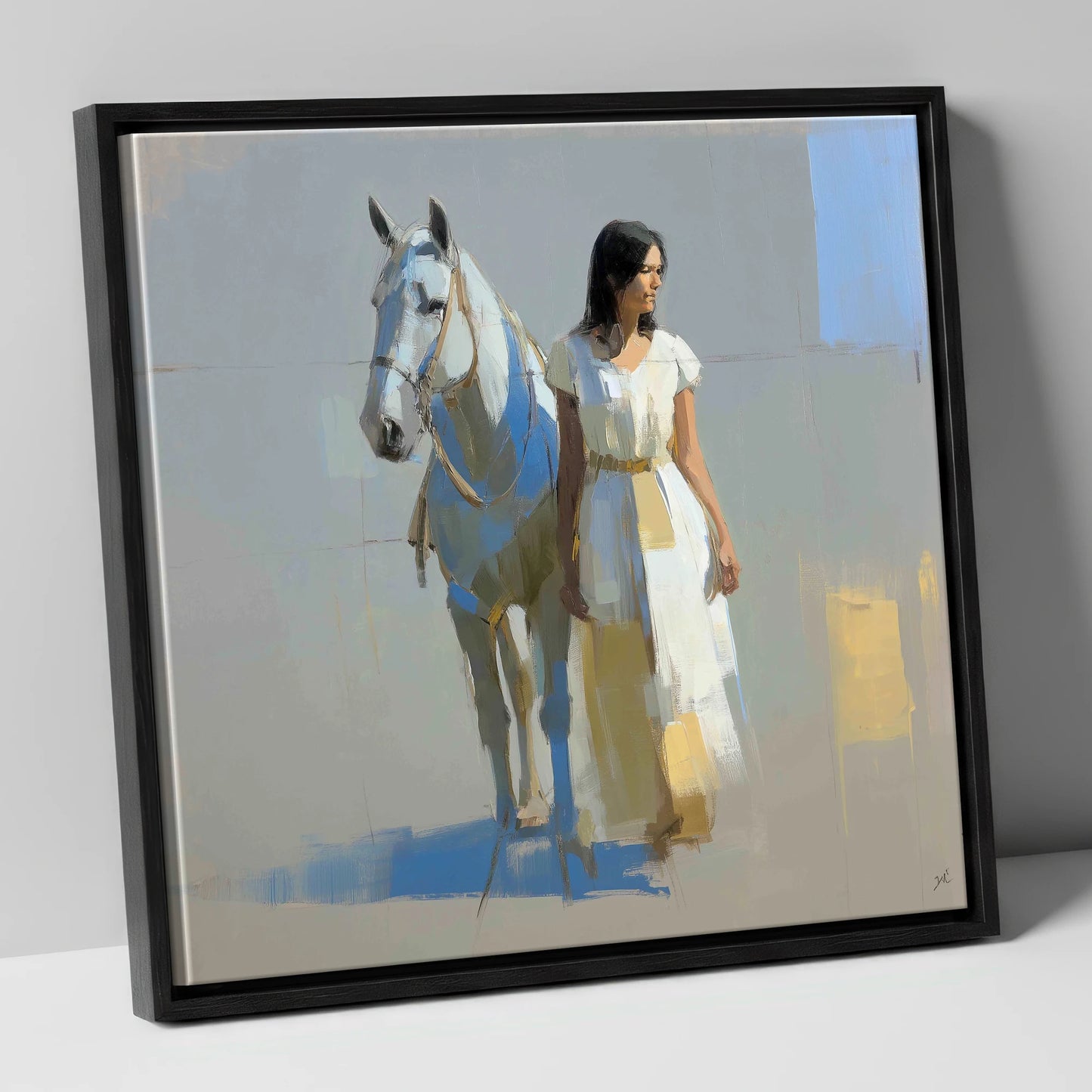 Beside the Grey horse & rider canvas wall art in black frame