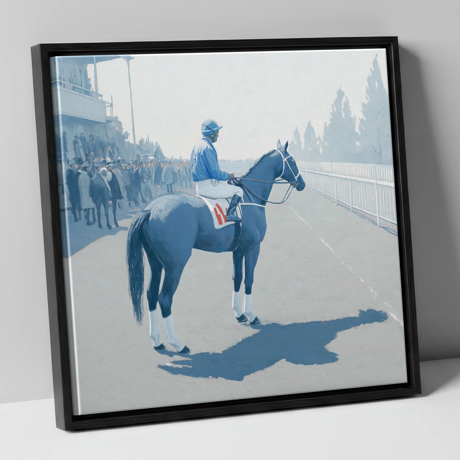 Waiting at the Rails racing horse canvas wall art in black frame