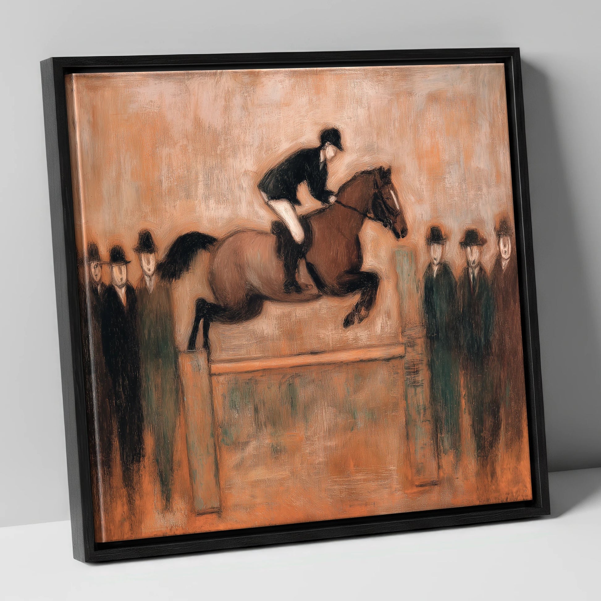 Flight Over Timber show jumping horse canvas wall art in black frame