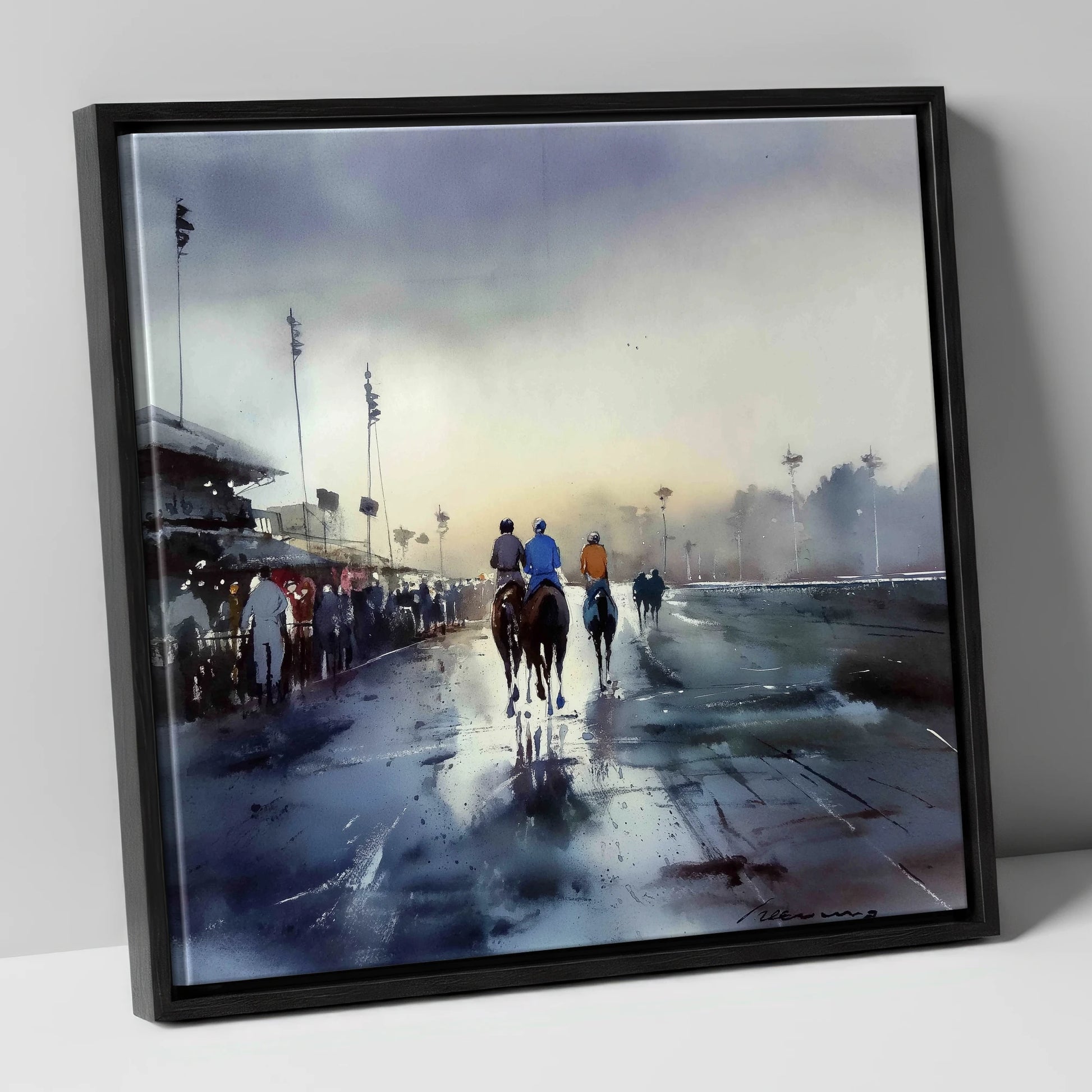 Dawn at the Track racing horse canvas wall art in black frame