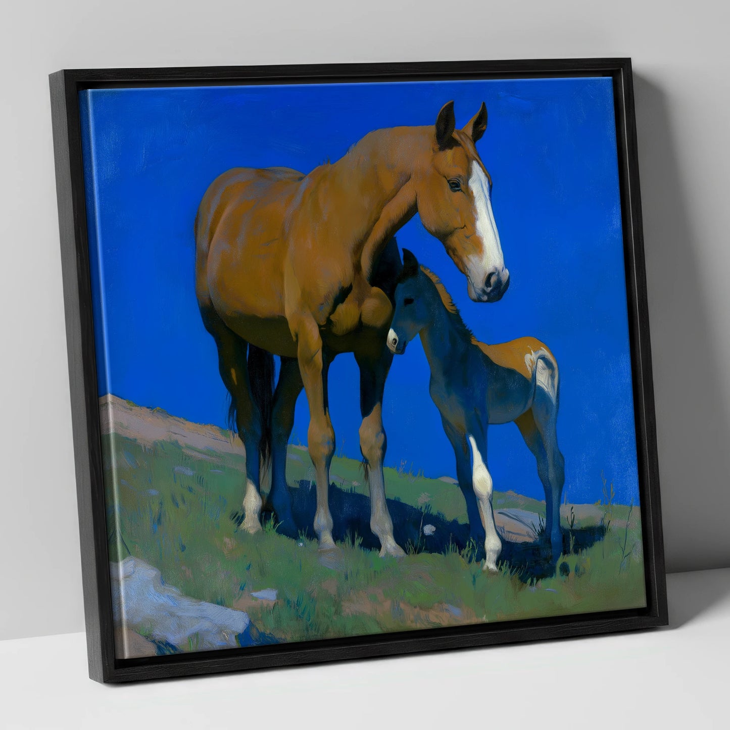 Under the Cobalt Sky mare & foal canvas wall art in black frame
