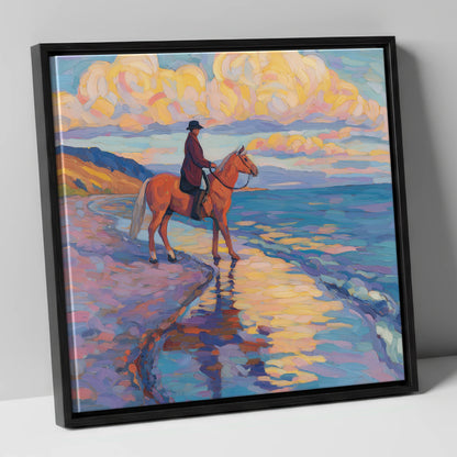 Sunset Coastal Reflections beach horse canvas wall art in black frame